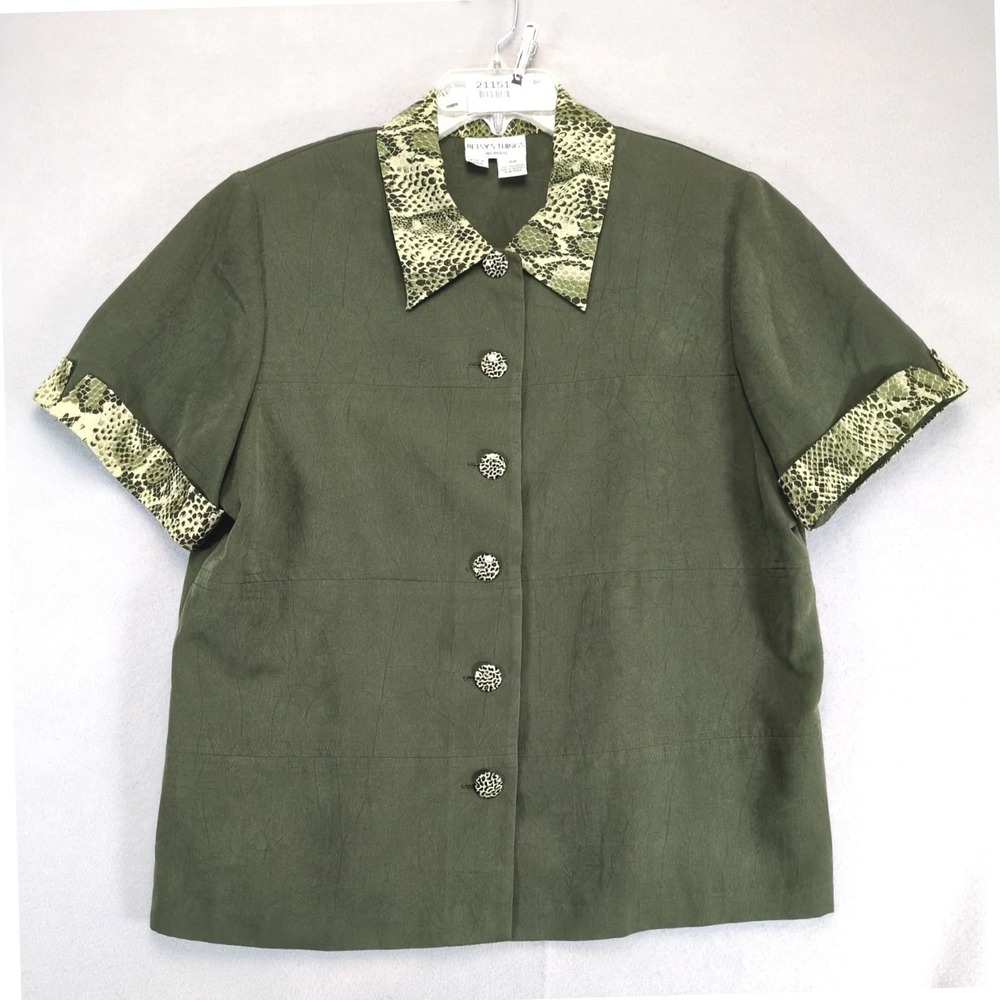 Vtg 90s Betsy's Things Green Blouse Women's Plus Size 16W Animal Print Collar
